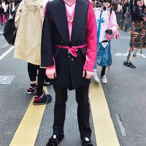 Image similar to a high resolution photo of martin shkreli at harajuku tokyo street fashion event, photo from vogue magazine