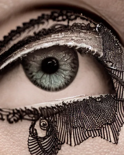 Image similar to extreme close up of a woman's eye, made of intricate decorative lace leaf skeleton, in the style of the dutch masters and gregory crewdson, dark and moody