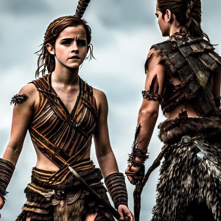 Image similar to full length photo of emma watson as an amazon warrior, highly detailed, 4 k, hdr, smooth, sharp focus, high resolution, award - winning photo