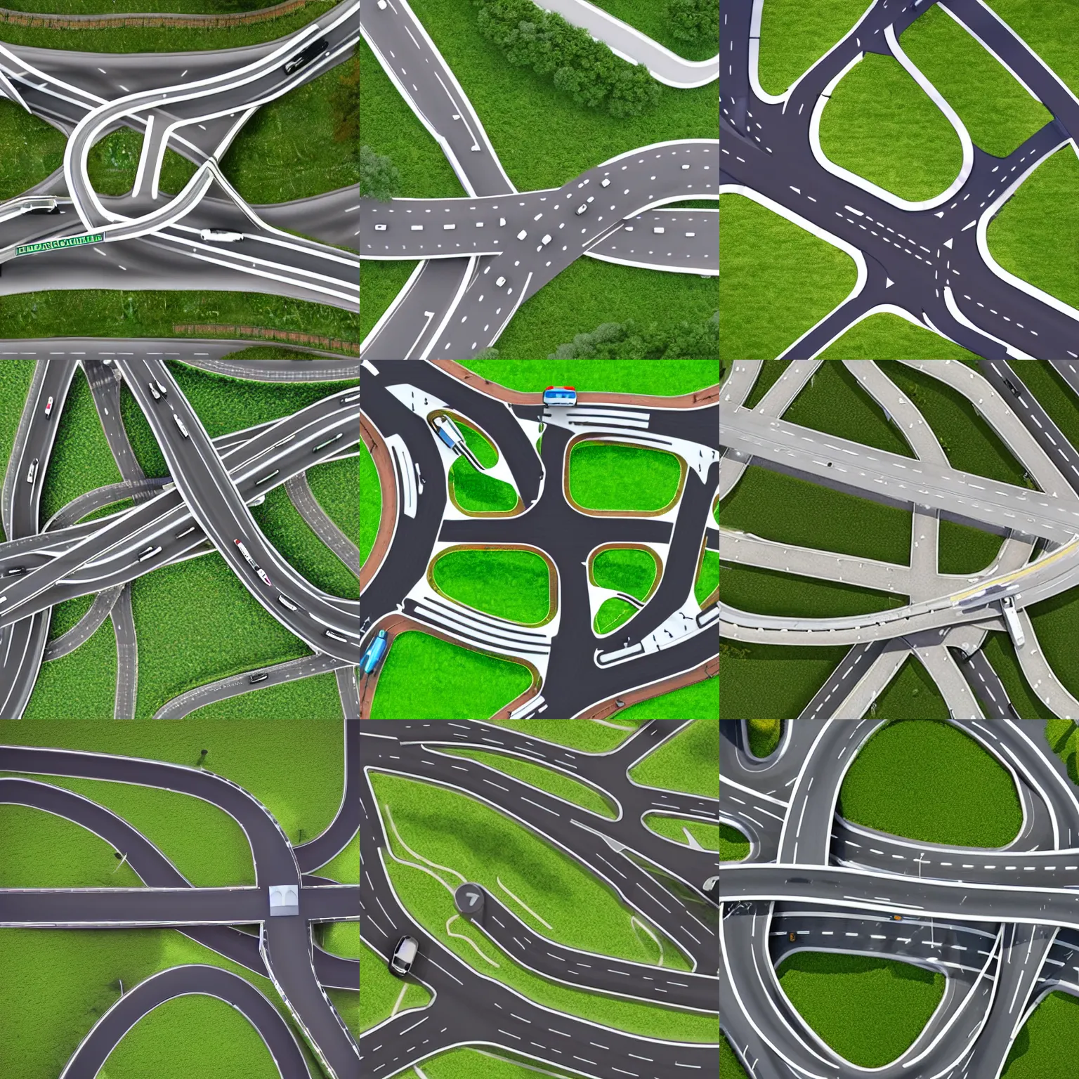 Prompt: bicycle - friendly cloverleaf interchange layout with highway pedestrian crossings, aerial drone photography concept