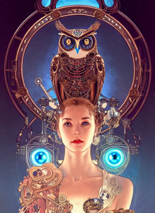 Image similar to the goddess artemis smirking with mechanical owl perched on her shoulder, steampunk, glowing eyes, volumetric lights, red and cyan theme, art nouveau botanicals, intricate, highly detailed, digital painting, artstation, concept art, smooth, sharp focus, cinematic, illustration, beautiful face, art by artgerm and greg rutkowski and alphonse mucha