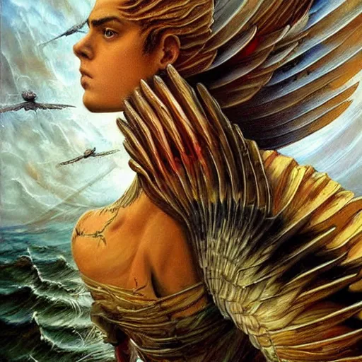 Prompt: beautiful painting by karol bak of a fourteen year old boy with and enormous mechanical wing strapped to his back, standing on the back of a boat in a storm, his arms spread. ready to fly, icarus, winged boy, young teen, rain, clouds, waves, splash,