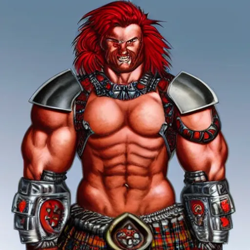 Prompt: bulky muscular scottish warrior with red hair and a kilt, tribal blood red war paintings on his chest, bronze plate armor, in the style of paul pelletier, artgerm