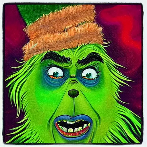 Image similar to “the grinch painted by Salvador Dali in the psychedelic desert , Disney art style xtencio Halloween night.”