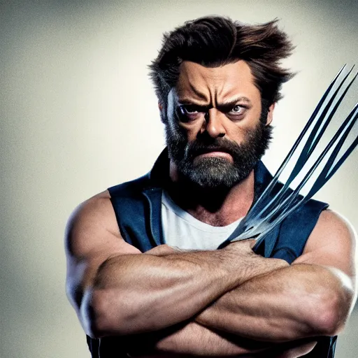 Image similar to portrait of x - men's wolverine played by nick offerman, photorealistic logan marvel movie still, detailed 8 k, poster style, high resolution