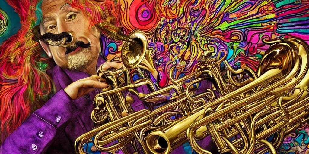 Image similar to highly detailed digital artwork of a psychedelic dingoman with a salvador dali mustache. he is playing the trumpet.