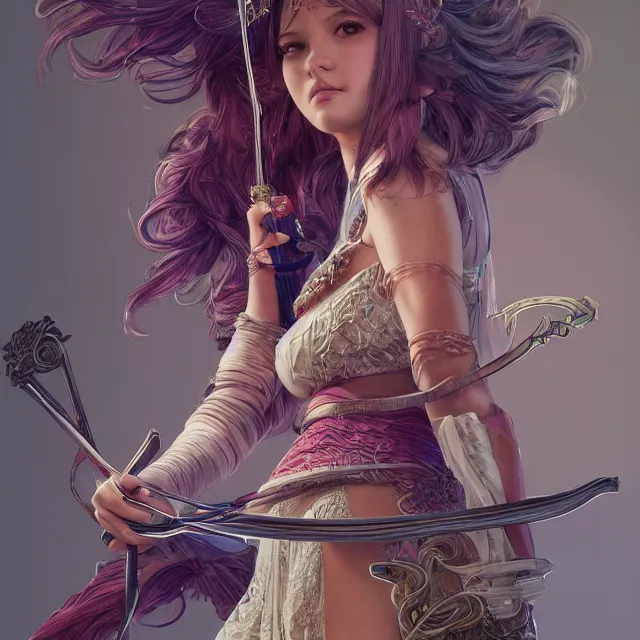 Image similar to the portrait of lawful neutral semi - colorful female archer socialite as absurdly beautiful, gorgeous, elegant, young gravure idol, an ultrafine hyperdetailed illustration by kim jung gi, irakli nadar, intricate linework, bright colors, octopath traveler, final fantasy, unreal engine 5 highly rendered, global illumination, radiant light, detailed and intricate environment