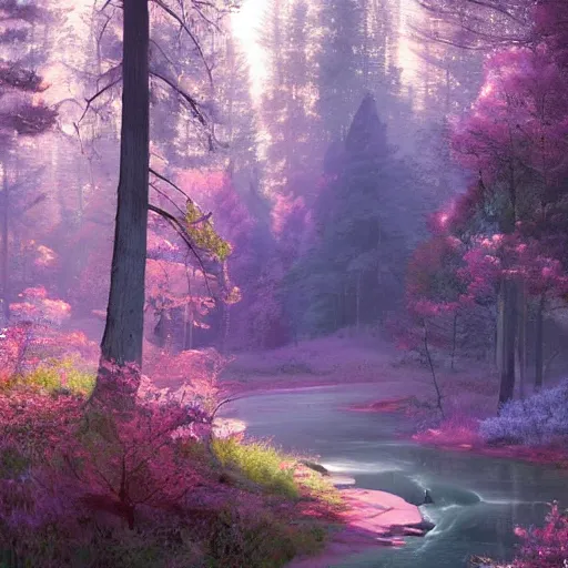 Image similar to solace hermatige cottage peaceful clouds beautiful woods trees pine, nice view, gradient of pink and blue, mystical realistic poster with shaded lighting by craig mallismo, artgerm, jeremy lipkin and michael garmash, unreal engine, radiant light, detailed and complex environment city utopia spirituality sacred geometry with implied lines