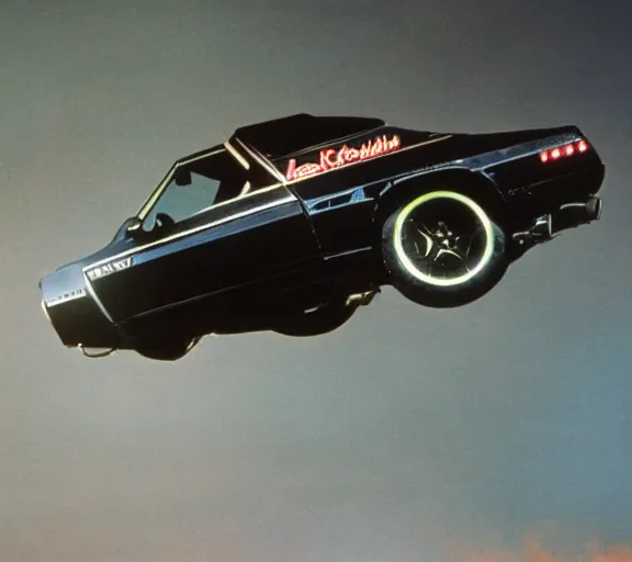 Prompt: a close - up, color cinema film still of knight rider kitt leaping over a jump, action cinematic.