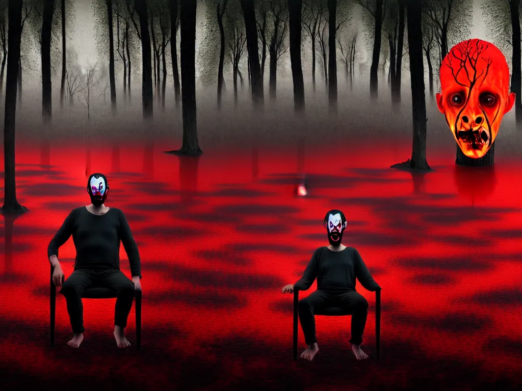 Image similar to a portrait of a man with five heads, twelve arms, sitting on chair made of human limbs, the chair is floating in a lake of blood, around the lake are melting trees, the man's limbs are merging with the trees, digital art, hyperrealistic nightmare scene, supernatural, highly detailed, creepy, terrifying