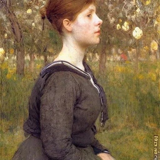 Image similar to a portrait of a female android by jules bastien - lepage