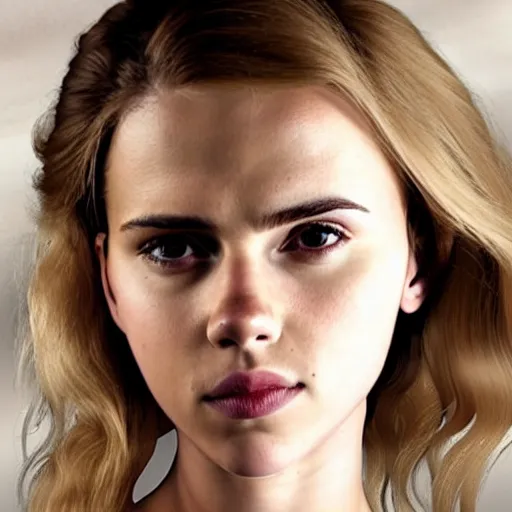 Image similar to a woman who is a genetic combination of scarlett johansson and emma watson face and upper - body focus