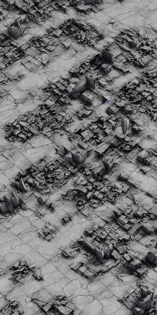 Image similar to aerial view of destroyed battlefield, 3 d render, hyperdetailed