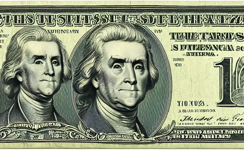 Prompt: rectangular photograph of two dollar u. s. currency note featuring thomas jefferson