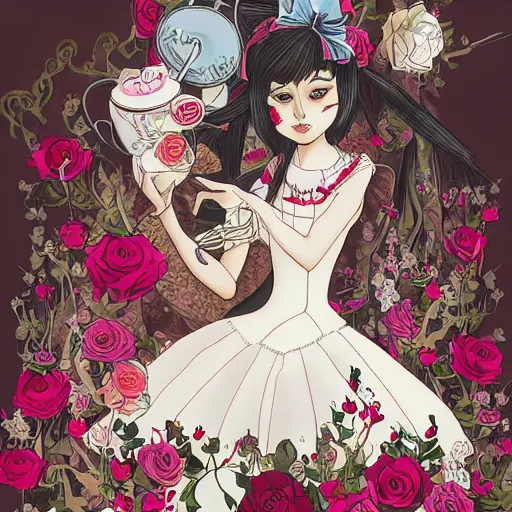 Image similar to Alice in Wonderland at the tea party, she looks like a mix of grimes and zoë kravitz, very long fingernails, childlike, hair and dress billowing dramatically in the wind, wearing heaving stacks of pearl necklaces, surrounded by red and white roses, digital illustration, inspired by a stylistic blend of Æon Flux by Peter Chung, Japanese shoujo manga, and murals by Shepard Fairey, hyper detailed!!! dreamlike, otherworldly and ethereal!!!!, delicate, flower petals, super photorealistic!! extremely fine inking lines, gradient colors