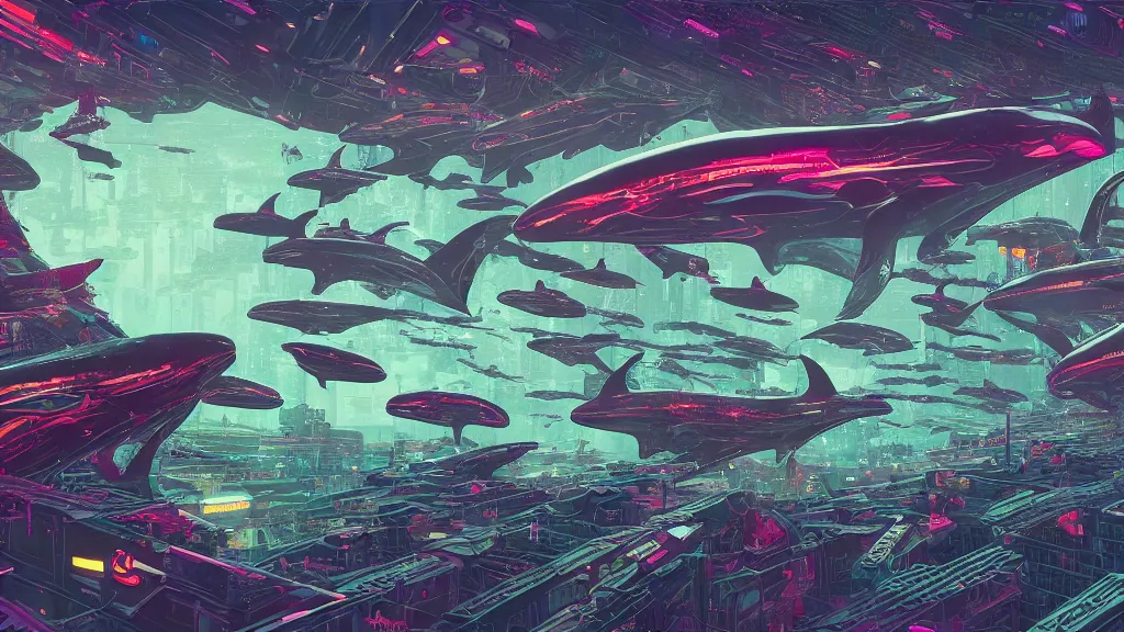 Image similar to highly detailed illustration of a pod of orcas flying over a cyberpunk city at night by kilian eng, moebius, nico delort, oliver vernon, joseph moncada, damon soule, manabu ikeda, 4 k resolution