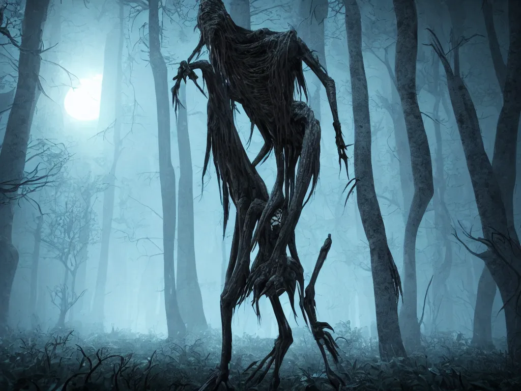 Prompt: A tall skinny horrifying creature coming out of the dark woods at night, 3d, 3-dimensional, multiverse, realistic, cinematic, full hd render, 3d octane render, unreal engine 5, redshift render, immense detail, interdimensional lightning, enhanced quality, 4k UHD