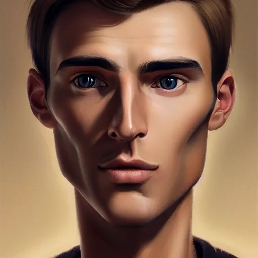 Image similar to tall man in his twenties with brown blond short quiff hair and thin slightly round facial structure with cleft chin, straight eyebrows and prominent nose, good definition of cheekbones, big hazel nut brown eyes, narrow face, slim body, atmospheric lighting, painted, intricate, 4 k, highly detailed by charlie bowater