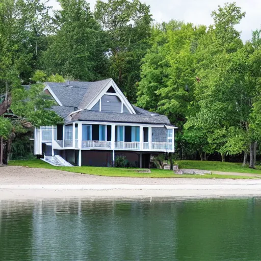 Prompt: of house on a lake with a beach in the backyard
