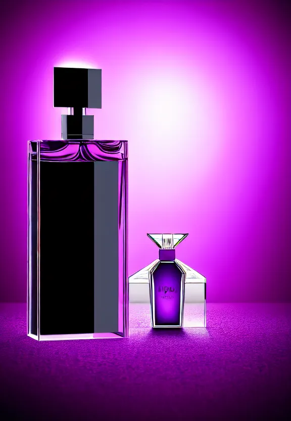 Prompt: close up shot of one premium perfume bottle containing purple liquid, the bottle is placed on a table, the bottle is in the middle of the scene ultra detail, commercial, designer product, cinematic lighting, hd artstation, symmetrical, rendered, 4k