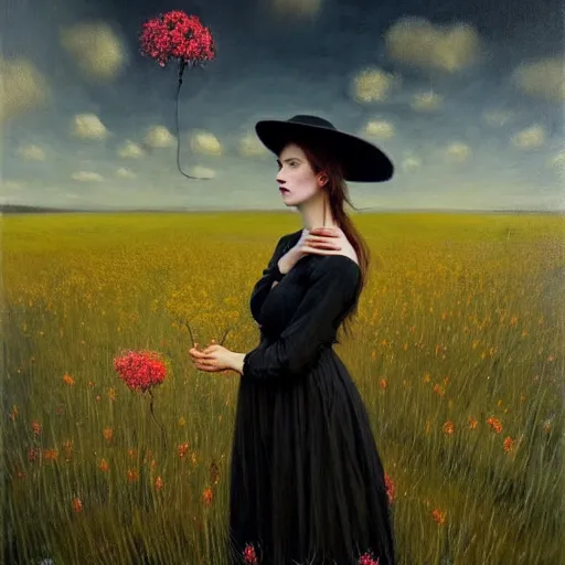 Image similar to a girl standing in a field, wearing black old dress and hat, by andrea kowch, andrea kowch style painting, dark, scene, magicrealism, flowers in background,