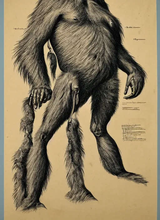 Image similar to vintage medical anatomical illustration of sasquatch, highly detailed, labels, intricate writing