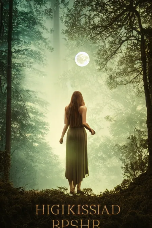 Image similar to book poster, high quality fantasy stock photo, unsplash transparent, forest and moon, intricate detail, elegant, hyper realistic, ultra detailed, octane render, volumetric cinematic lighting, 8 k post - production