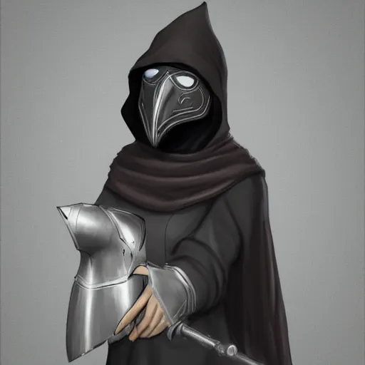 Image similar to female plague doctor donning a black hood, steel knightly armor and a white armored crow mask, trending on artstation