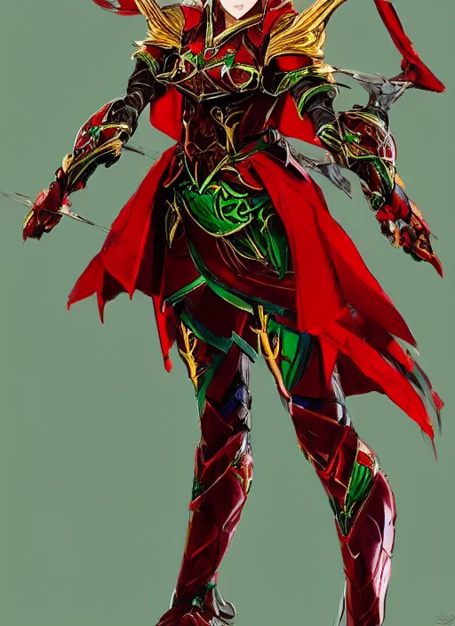 Image similar to Full body portrait of a beautiful young blonde short haired elven princess wearing red, green and gold armour robe. In style of Yoji Shinkawa and Hyung-tae Kim, trending on ArtStation, dark fantasy, great composition, concept art, highly detailed.