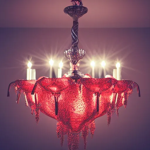 Image similar to realistic photo of a chandelier with strawberry lights hanging from ceiling in home, evening lighting