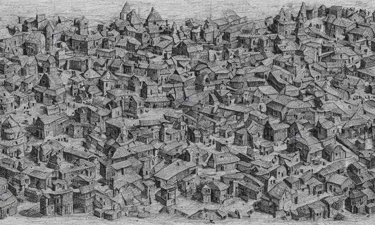 Image similar to Stereoscopic 3D photo of a medieval village dioram, High detailed drawing