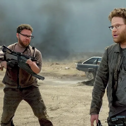 Prompt: Post-apocalyptic action movie starring Seth Rogen Blue-ray screenshot, 4k