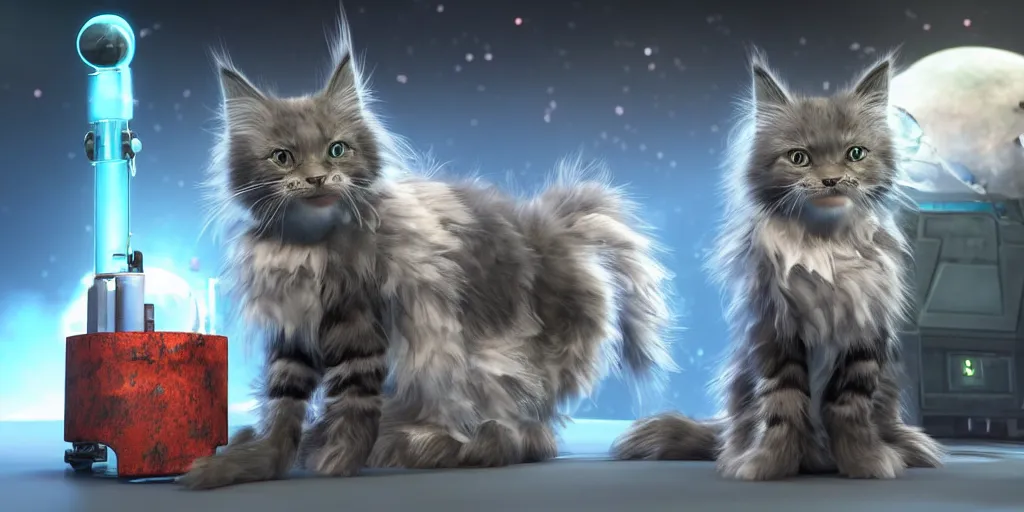 Image similar to a 3 d rendered movie still a cute robot in the shape of an adorable cyberpunk maine coon kitten. in the background is a cyberpunk cat tree with rgb ambient dramatic lighting. digital art. science fiction blockbuster movie from the future, imax 7 0 mm. style of mandalorian ( american space western television series )