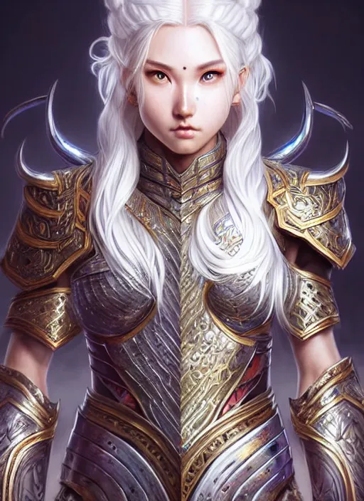 Image similar to warrior, intricate ornate opal heavy armor!!! beautiful and athletic white hair female!! gorgeous face and eyes!! character concept art, sharp focus, octane render! unreal engine 5! highly rendered!! trending on artstation!! detailed linework!! illustration by artgerm, wlop, and chie yoshii