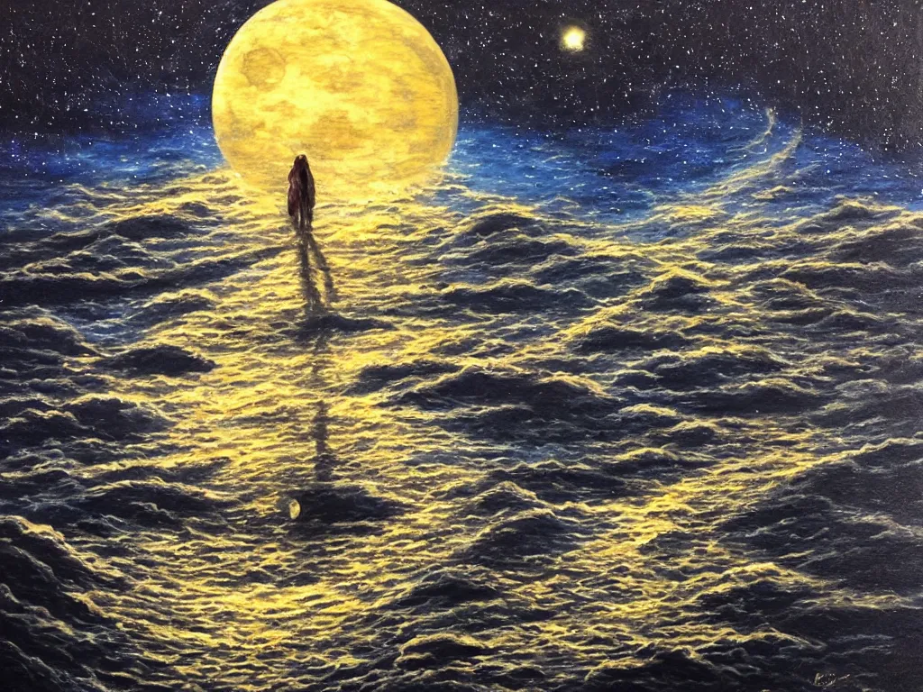 Prompt: To every living being, and every living soul. Now cometh the age of the stars. A thousand year voyage under the wisdom of the Moon. Here begins the chill night that encompasses all, reaching the great beyond. Into fear, doubt, and loneliness... As the path stretches into darkness. Oil painting, clear, detailed oil, trending on artstation, fantasy, monochromatic colour palette, dark colours, in the style of Alena Aenami, 4k, digital, dark aesthetic, lantern party