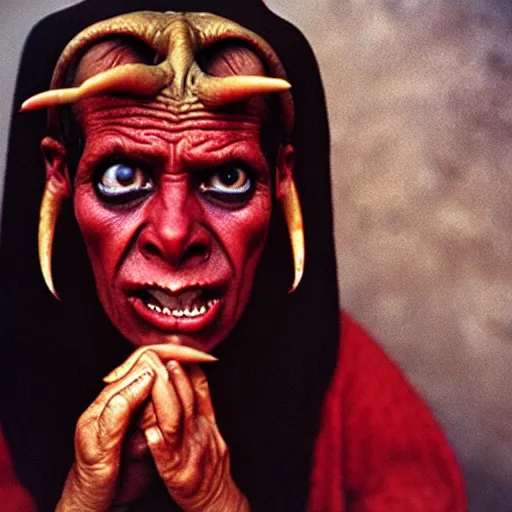 Image similar to uhd photorealisitc candid photo of satan. correct costume. correct face, accurate face. photo by annie leibowitz and steve mccurry