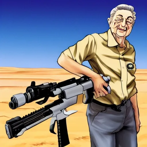 Image similar to george soros wrestling posing with an ak 4 7 in the desert anime stlye