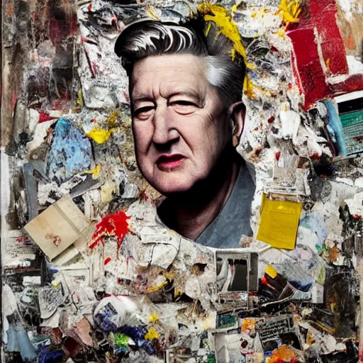 Image similar to hyperrealistic, photorealistic, mixed media oil painting of david lynch in 2 0 2 2, magazine scraps, plaster, blood, oil, mustard, cigarettes, splatter, greg rutkowski, basquiat, ralph steadman, terry gilliam