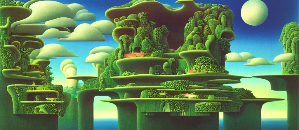 Image similar to huge gargantuan angular dimension of infinite poolroom liminal spaces, buildings by escher and ricardo bofill. utopian landscape by roger dean. magical realism, surrealism, waterfalls, clouds, mallsoft, vaporwave, trending on artstation, shot from below, epic scale