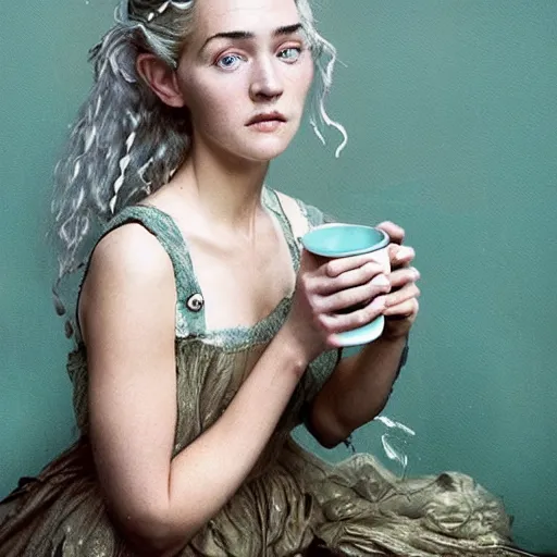 Prompt: A 18th century, messy, silver haired, (((mad))) elf princess (look like ((young Kate Winslet))), dressed in a ((ragged)), wedding dress, is ((drinking a cup of tea)). Everything is underwater! and floating. Greenish blue tones, theatrical, (((underwater lights))), high contrasts, fantasy water color, inspired by John Everett Millais's Ophelia