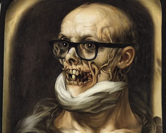 Prompt: passport photo of undead man wearing prescription glasses, snakes in eye socket, rubens style