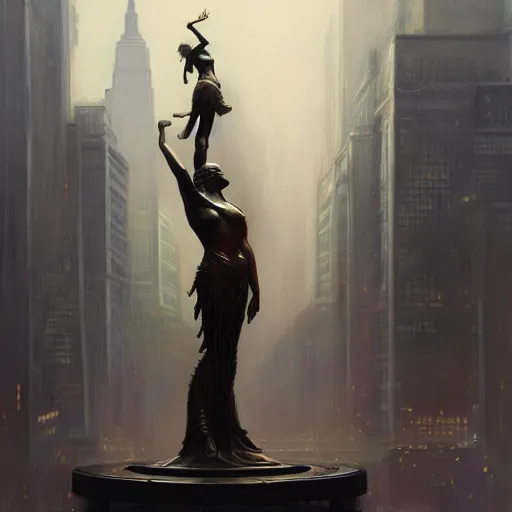 Prompt: a bronze statue stands as the centerpiece of futuristic art deco new york city, fantasy, intricate, elegant, digital painting, trending on artstation, concept art, sharp focus, illustration by greg rutkowski, Gaston Bussiere and artgerm, 4k.