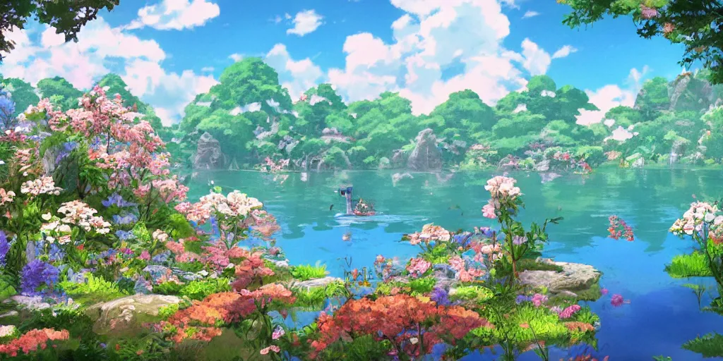 Prompt: a beautiful lake with blooming flowers, fantasy art, 2 d game art, by studio ghibli