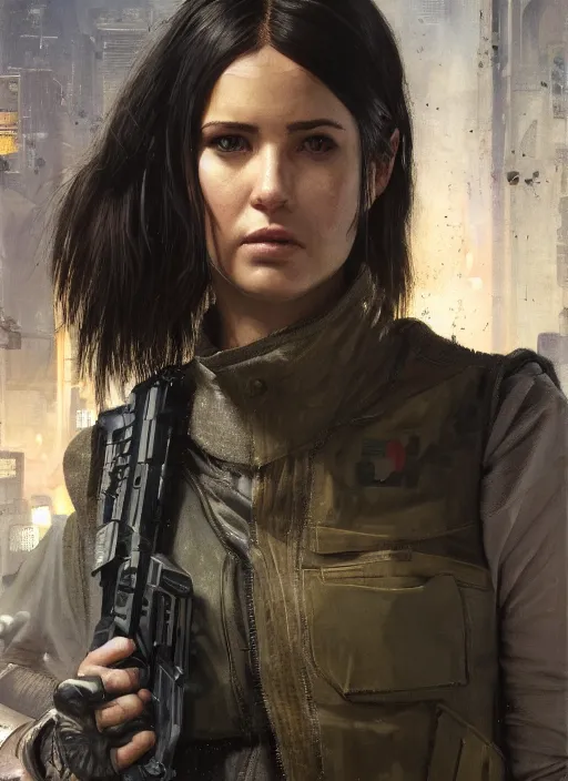 Prompt: 🧘♀. cyberpunk mercenary in a military vest ( blade runner 2 0 4 9, cyberpunk 2 0 7 7 ). orientalist portrait by john william waterhouse and james gurney and theodore ralli and nasreddine dinet, oil on canvas. cinematic, hyper realism, realistic proportions, dramatic lighting, high detail 4 k