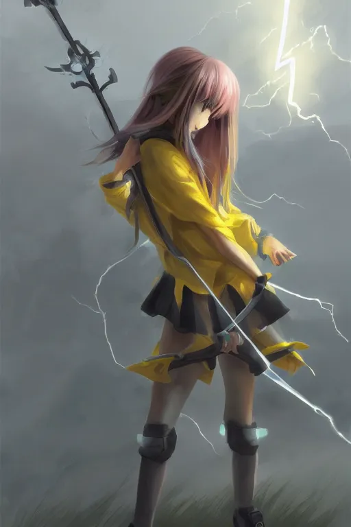 Image similar to anime teen girl with long yellow ponytail wearing white long jacket while holding a lightning scythe with her hands, wlop, concept art, digital painting, trending on artstation, highly detailed, epic composition, 8 k uhd