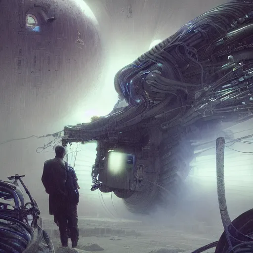 Image similar to cinematic still of tom cruise, timemachine!!, neon, they are watching, RGB, glowing wires everywhere, pristine, by Edgar Maxence and Ross Tran, Zdzisław Beksiński, and Michael Whelan, distant, gustav dore, H.R. Giger, 8k, octane render