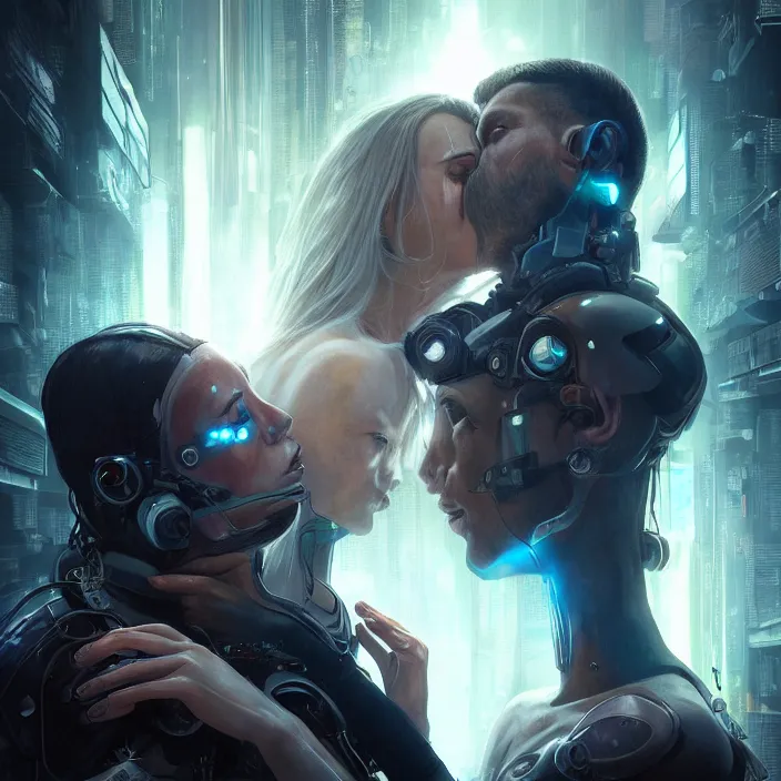 Image similar to ultra realistic medium shot of a couple of cyborgs kissing, lovers, cyberpunk, sci - fi, fantasy, kodak, colour led, soft light, volumetric lighting, night, intricate, highly detailed, digital painting, concept art, smooth, sharp focus, illustration, art by artgerm and greg rutkowski and alphonse mucha