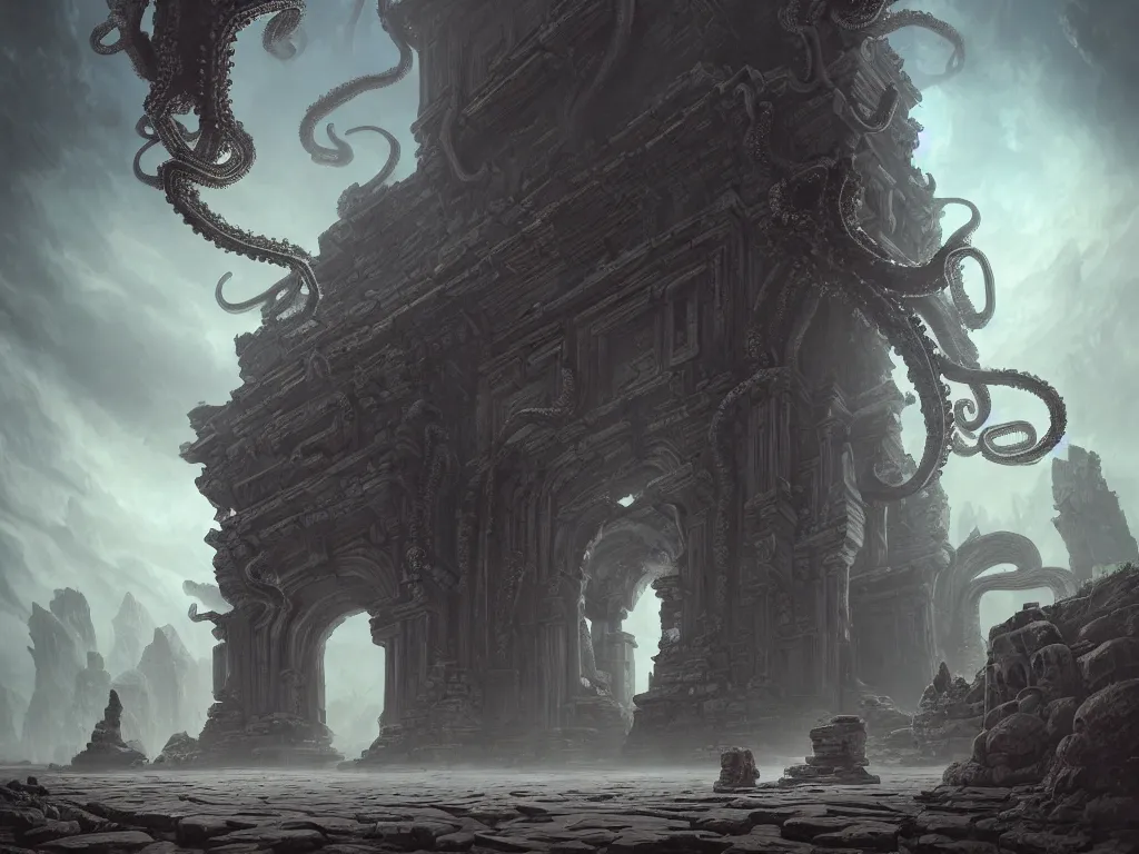 Prompt: A picture of a mysterious ancient temple with tentacles coming out of the massive entrance art by Darek Zabrocki and Natasha Tan, ominous, cosmic horror, trending on artstation, Ultra detailed, hyper realistic, 4k