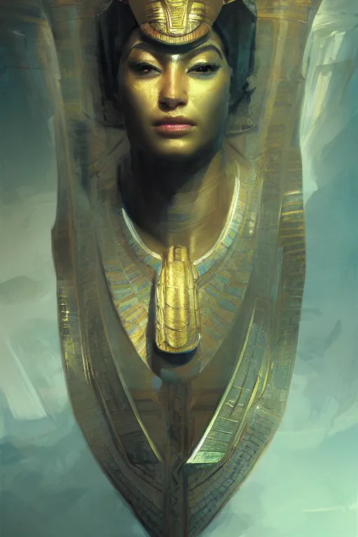 Image similar to egyptian god, portrait, powerfull, intricate, elegant, volumetric lighting, digital painting, highly detailed, artstation, sharp focus, illustration, ruan jia