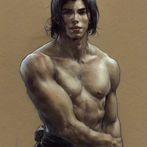 Image similar to young boy, black hair, confident smile, muscular, gorgeous, amazing, delicate, elegant, intricate, highly detailed, watercolor, portrait, artstation, concept art, sharp focus, illustration, art by artherm and greg rutkowski and alphonse mucha